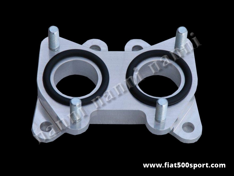 Art. 0166 - Distanziale carburatore Fiat 500 Fiat 126  NANNI  in alluminio con fori diametro 32 mm. completo di 4 oil rings in viton, prigionieri e dadi per Fiat 500/126.(Per carburatore LANCIA FULVIA, FIAT 124, 1100 R). - Distanziale carburatore Fiat 500 Fiat 126 NANNI in alluminio con fori diametro 32 mm. completo di 4 oil rings in viton, prigionieri e dadi. (per carburatore Lancia Fulvia Fiat 124 e 1100R su Fiat 500/126.) I grossi anelli in Viton sono dei distanziali termici e smorzano le vibrazioni. NON mettere assolutamente il deleterio supporto fra carburatore e motore.
