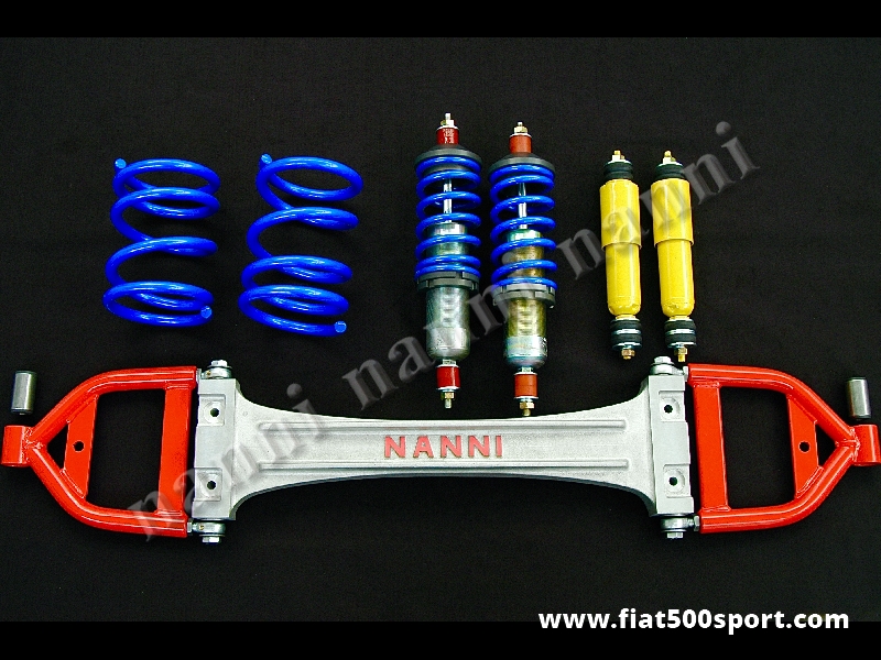 Art. 0479B - Suspension Fiat 500 kit very comfortable for road use. Complete Kit made in Italy. - Suspension Fiat 500 Kit very comfortable for road use. Includes: 1 alloy axle with oscillating arms, 2 adjustable front shock absorbers, 2 reinforced rear shock absorbers, 2 reinforced rear springs high 19 cm. Complete kit made in Italy. (Not China).
