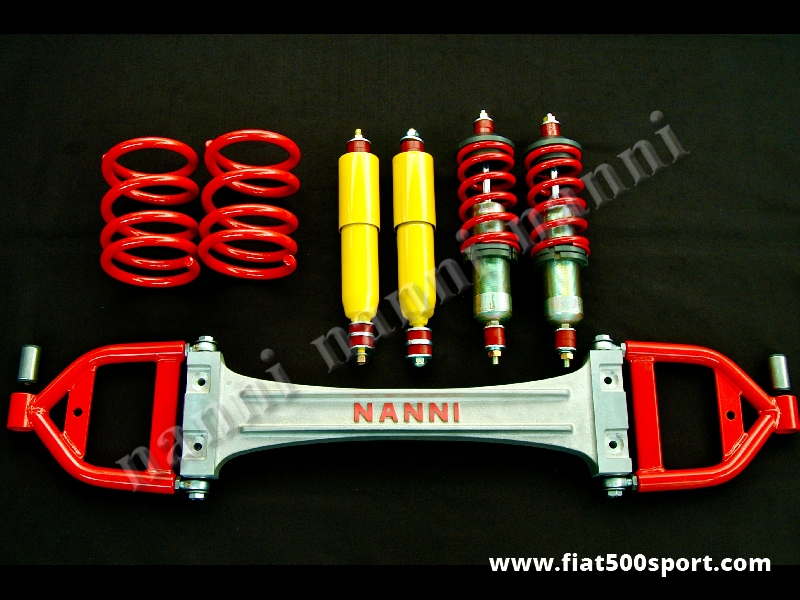 Art. 0479C - Suspension Fiat 500 complete for racing. Complete kit made in Italy. - Suspension Fiat 500 complete for racing. The kit consist of: 1 alloy axle with oscillating arms, 2 front shock absorbers with racing springs, 2 rear gas shock absorbers shorts, of large structure, 2 rear springs high 17 cm. Complete kit made in Italy. (Not China).

