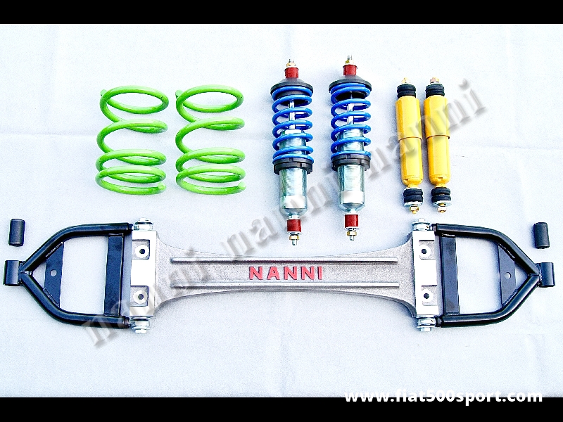 Art. 0479G - Suspension Fiat 126 Fiat Giardiniera kit very comfortable for road use.(all made in Italy) - Suspensions Fiat 126 Fiat Giardiniera very comfortable for road use. Includes: 1 alloy axle with oscillating arms, 2 adjustable front shock absorbers 2 reinforced rear shock absorbers, 2 rear springs high 19 cm. All made in Italy. (Not China)
